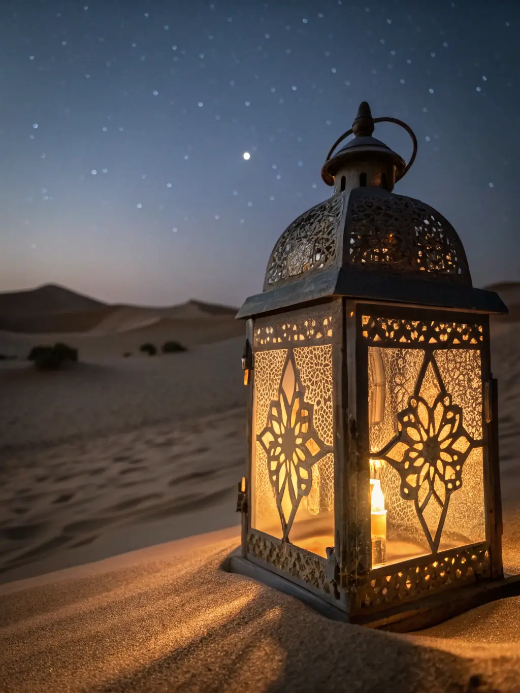 A beautifully styled shot of a modern Arabic-inspired lantern, casting a warm, inviting glow in a dimly lit room, highlighting its intricate design and the cozy ambiance it creates. This is for the featured home decor item.