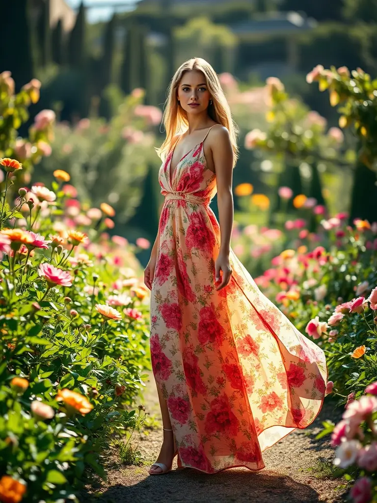 A stylish image of a woman wearing a flowing, modest maxi dress in a vibrant color, suitable for the UAE climate and cultural preferences, photographed in a natural outdoor setting with soft, diffused lighting. This is for the featured fashion item.